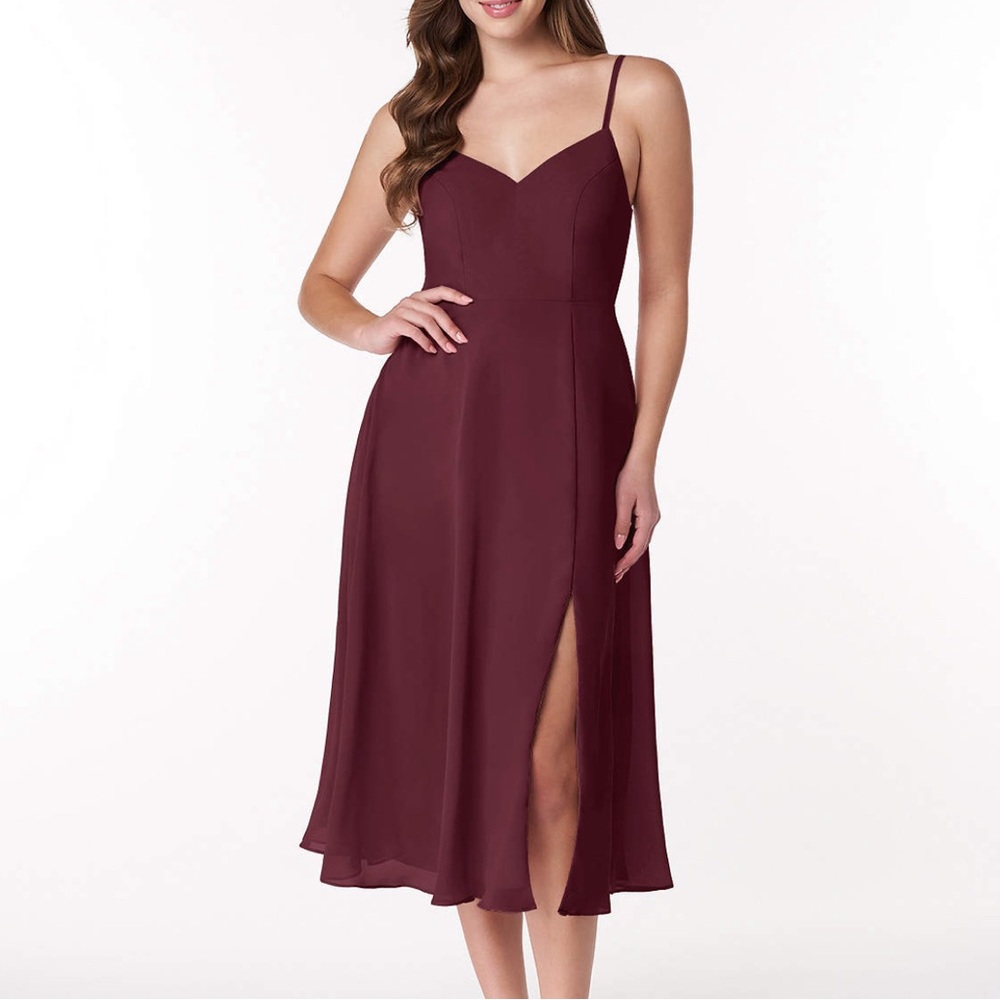 Azazie bridesmaid wedding guest formal midi chiffon dress (size 4) in Cabernet